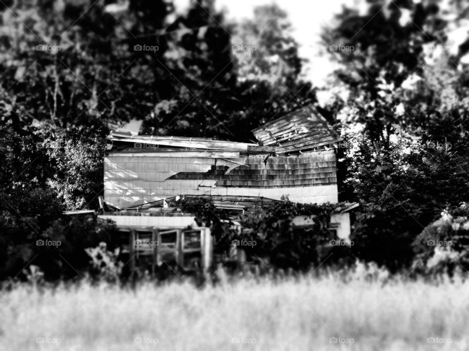Black and white abandoned house.