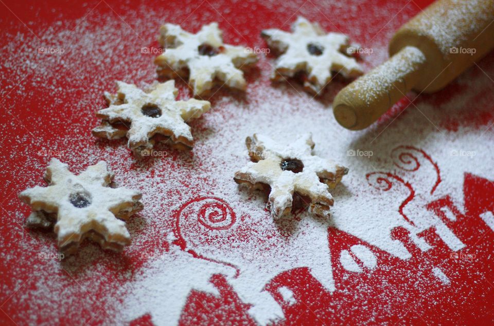 Christmas cookies on red background