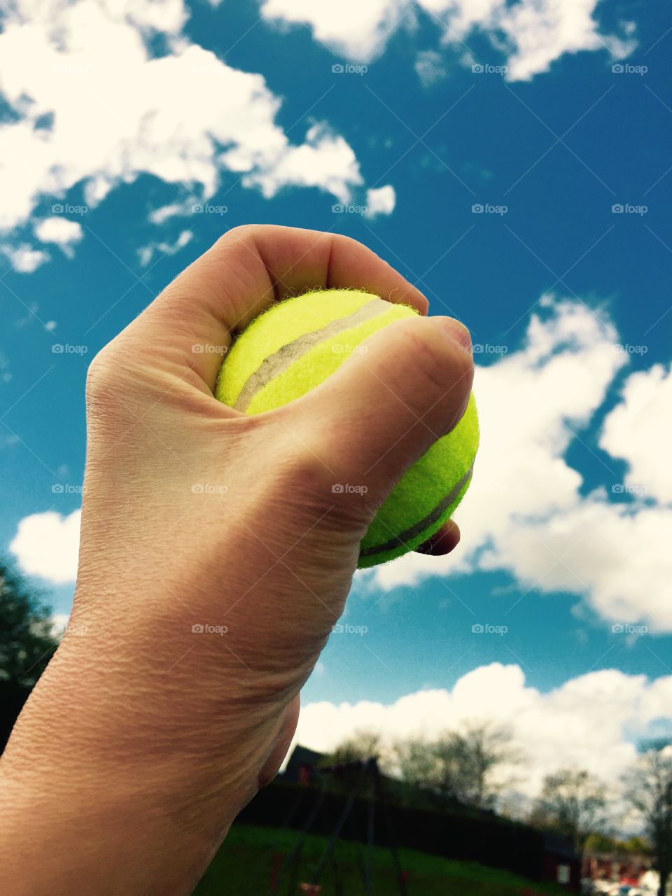 Person's hand holding tennis ball