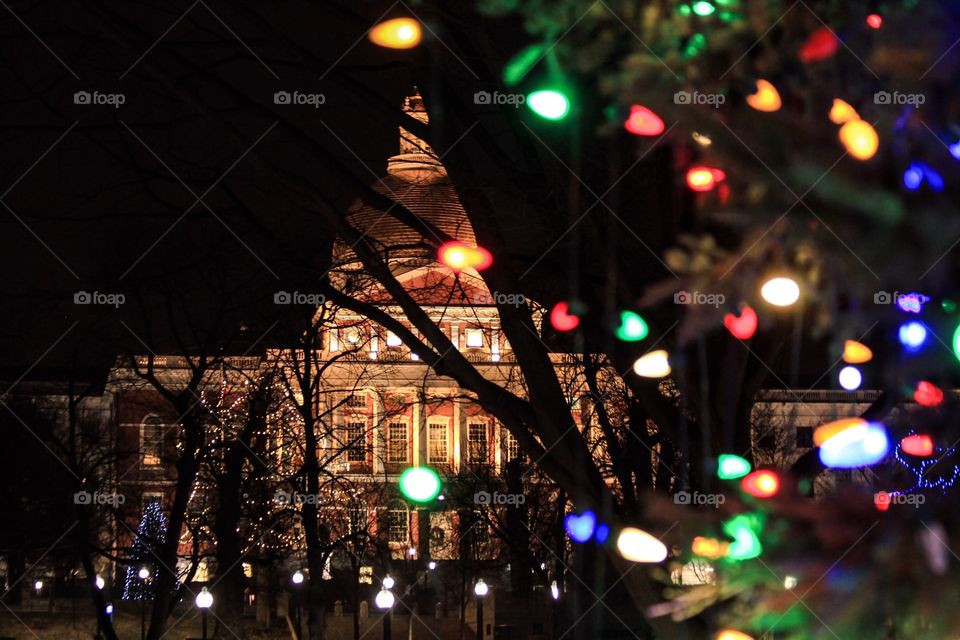 Christmas in Boston.  Massachusetts State House pictured in background.