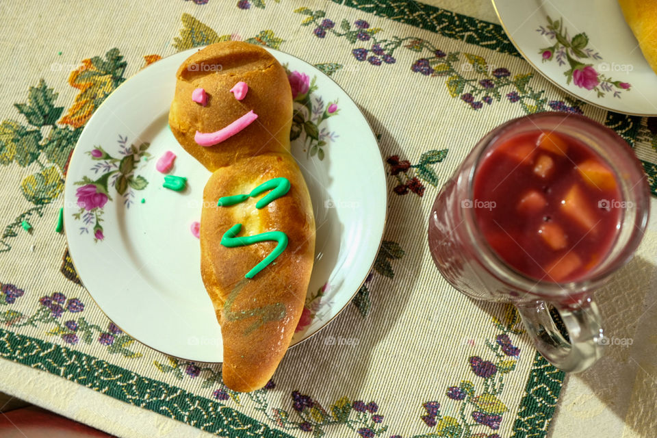 Day of the dead bread, with colada morada, a traditional and traditional breakfast.