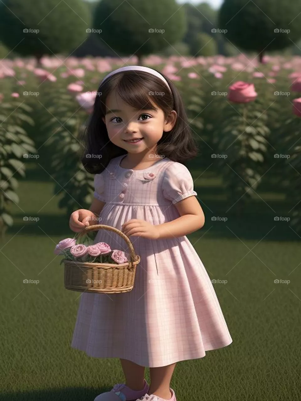 A beautiful little girl carrying a basket of roses