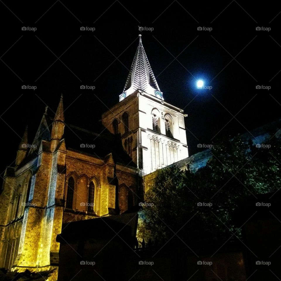 Rochester Cathedral in the moonlit sky