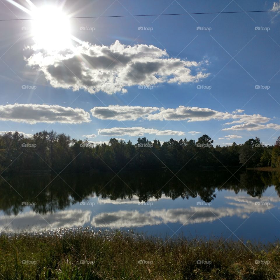 rays, blue sky, lake, trees, beauty