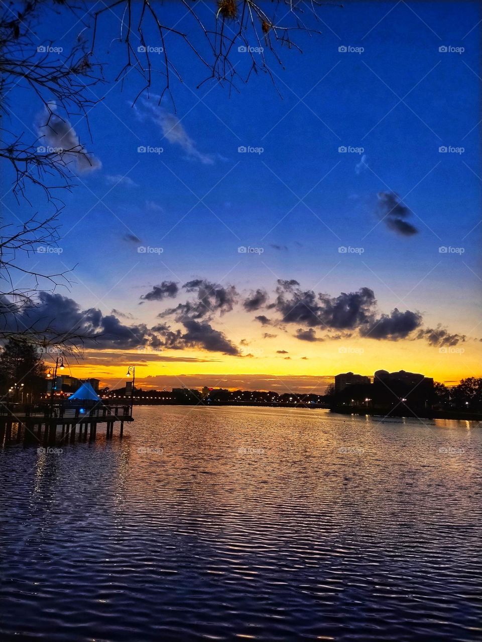 A beautiful golden and blue sunset at Cranes Roost Park in Altamonte Springs, Florida on January 27, 2024.