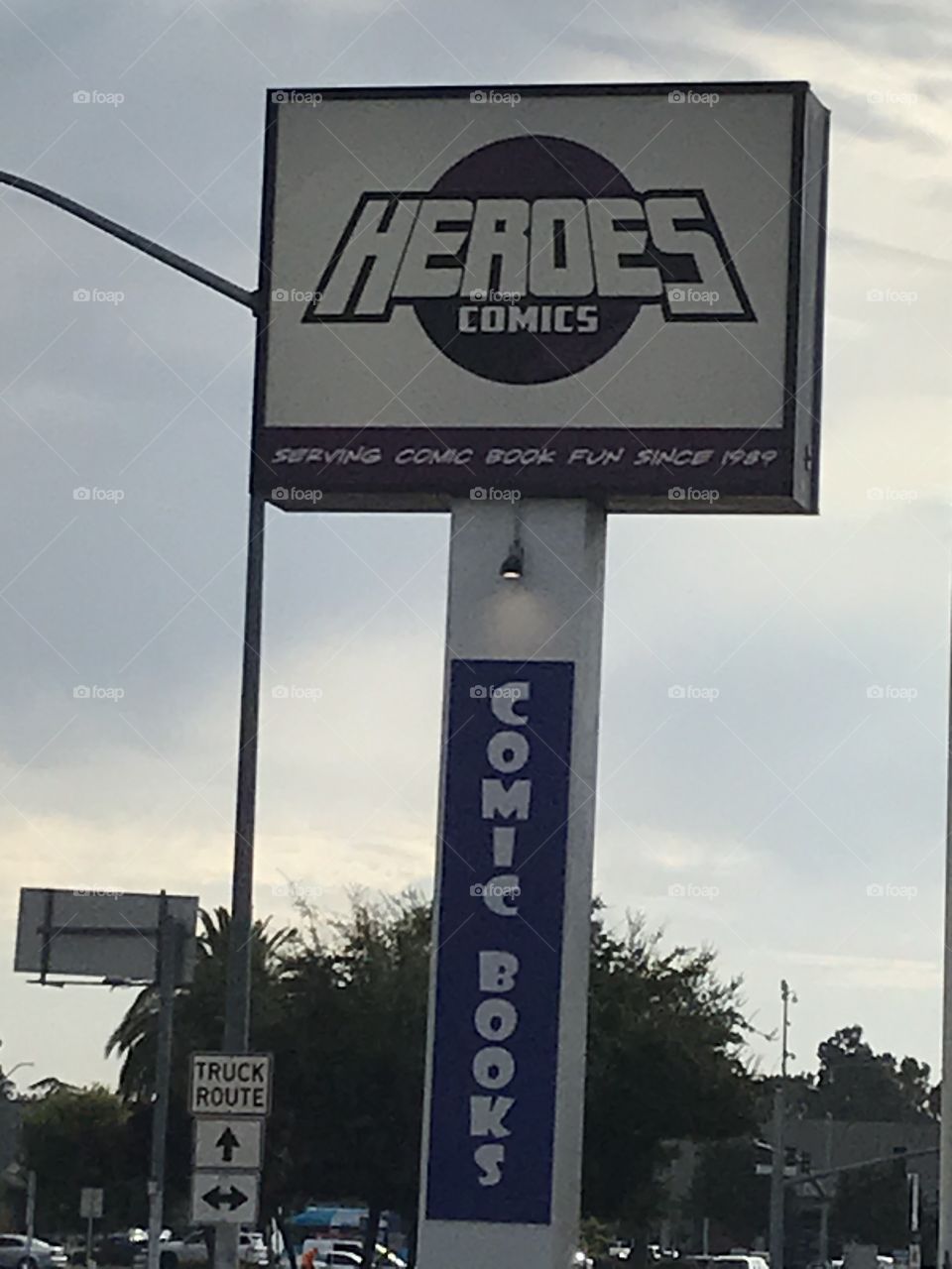 Comic book store sign. This ample, vivid sign cannot be missed as it serves as a location marker for the shop. Motorists looking for the comic store would not have any problem finding its location, thanks to the big advertising sign on the street.