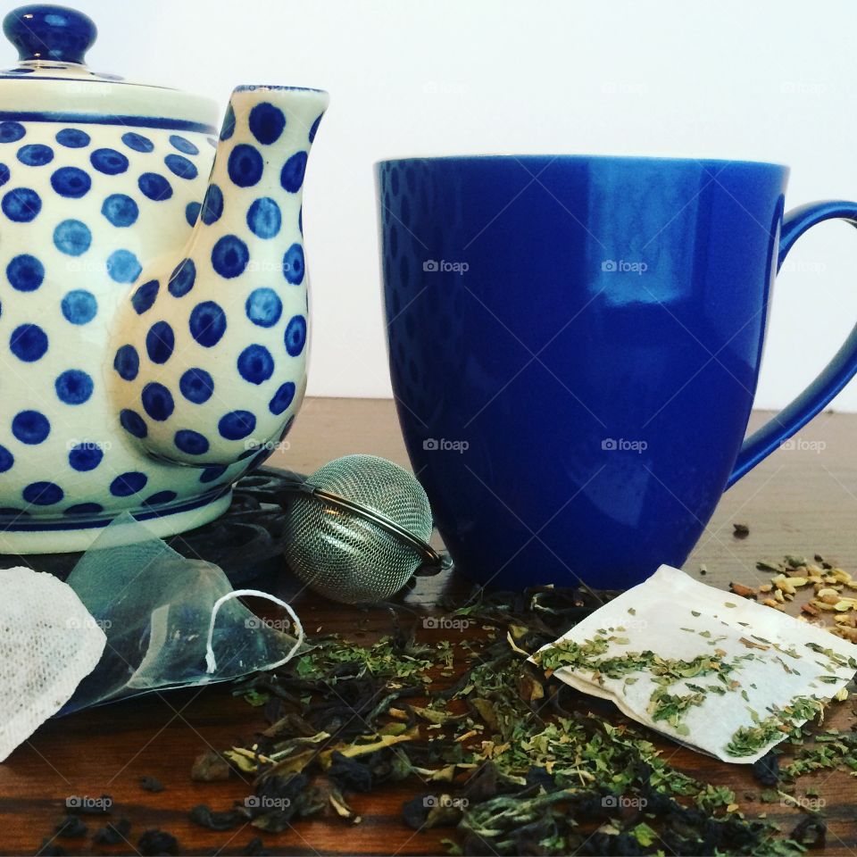 An extra large mug of tea, steeped to perfection in a vintage, polka dot tea pot.