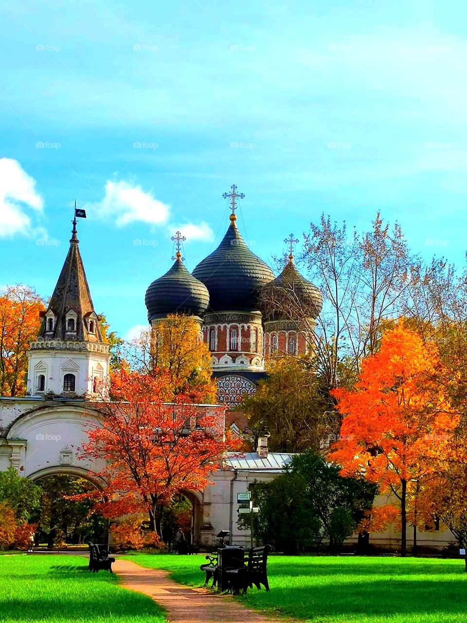 Autumn.  All the colors of autumn.  Green lawn, along the path there are wooden benches.  In the background, the white wall of the fortress with a tower and the dome of the temple.  The wall and domes of the temple are buried in multi-colored autumn.