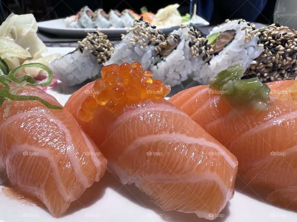 Close up view of the delicious fresh sushi with lax