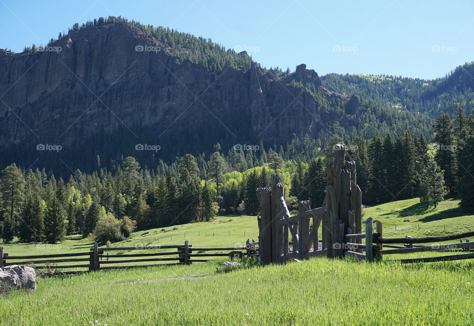 Ranch log gate with mountains - Colorado