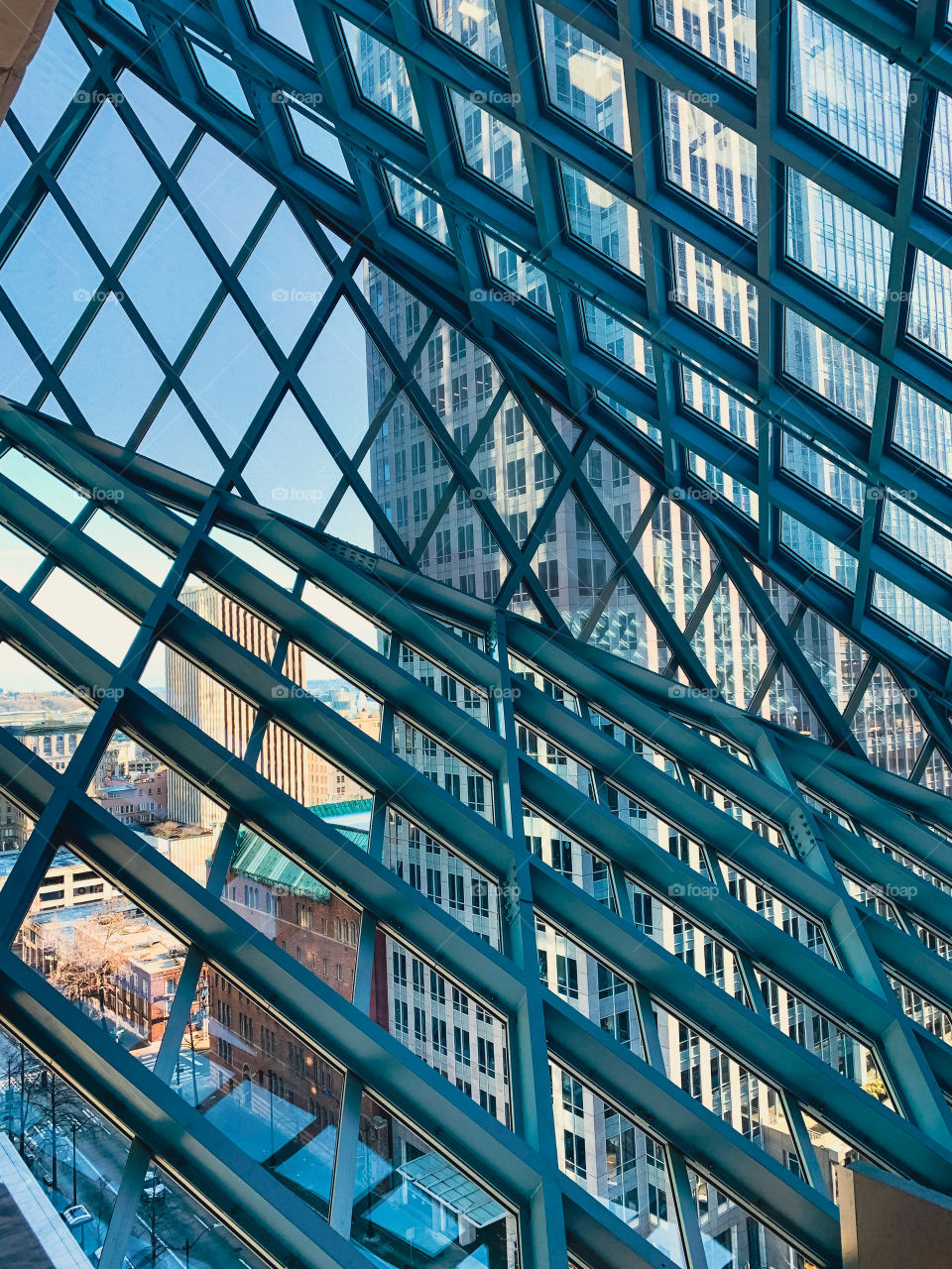 Checkered window view of Seattle from public library 