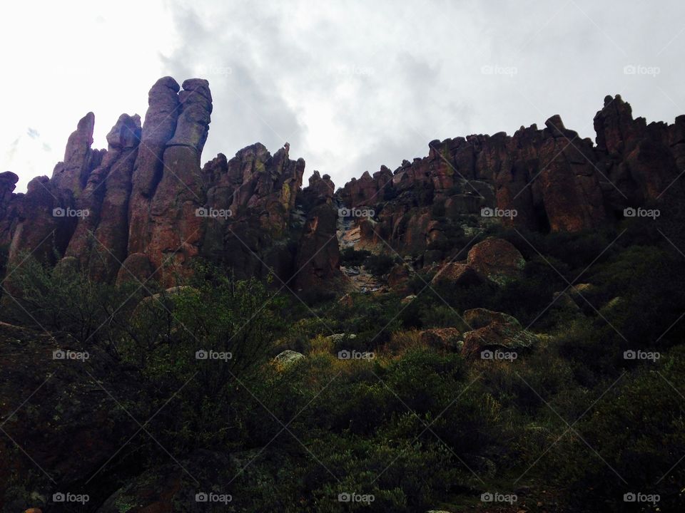 Hoodoos atop a mountain range in Queen Valley, Arizona
