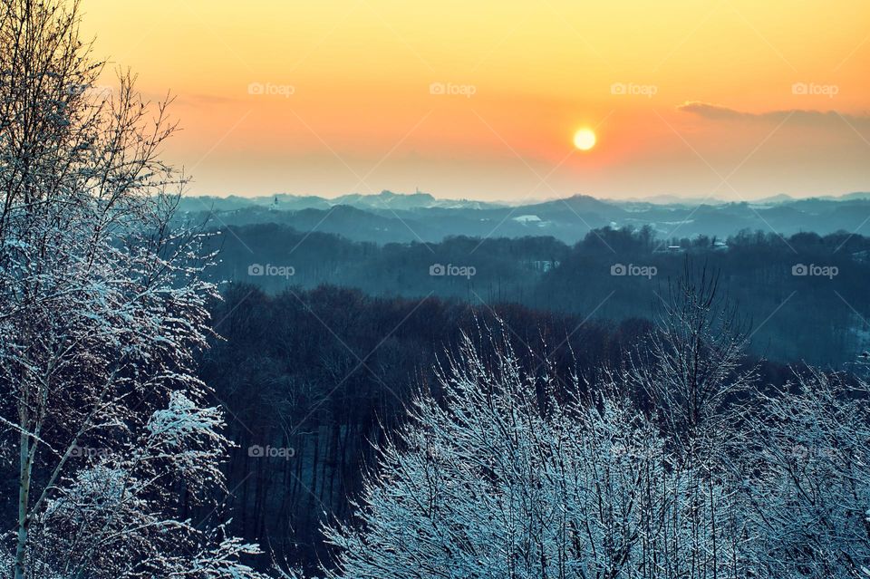 Winter sunset at Zagorski bregi in Croatia, county hrvatsko zagorje