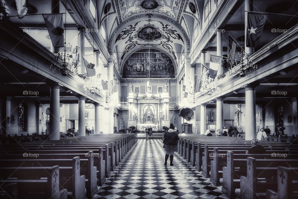 Main service chamber of St Louis Cathedral, Jackson Square at the French Quarter, New Orleans, Louisiana, USA. Monochrome version.