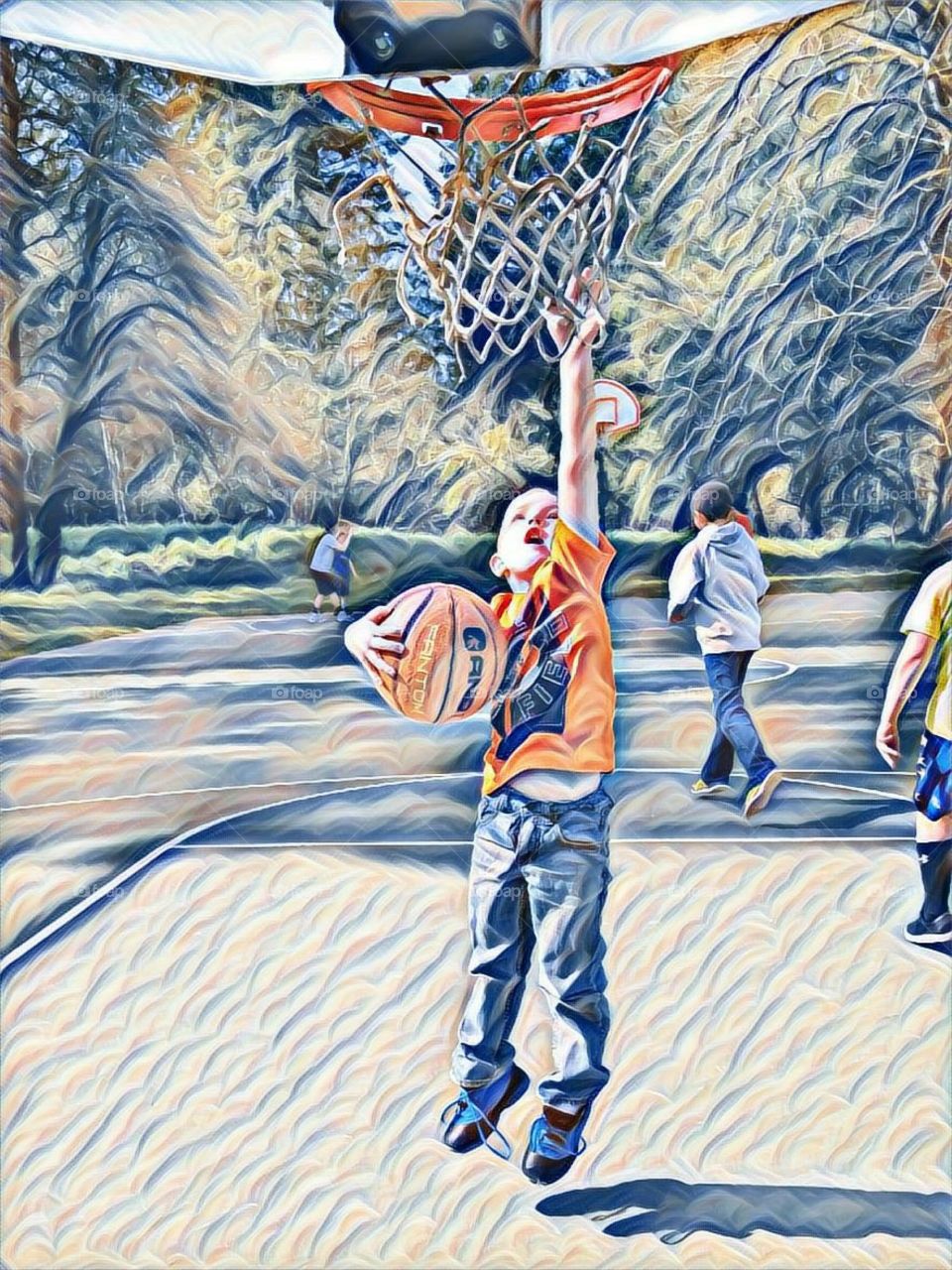 Cartoon style abstract of boy jumping up to touch basketball hoop.