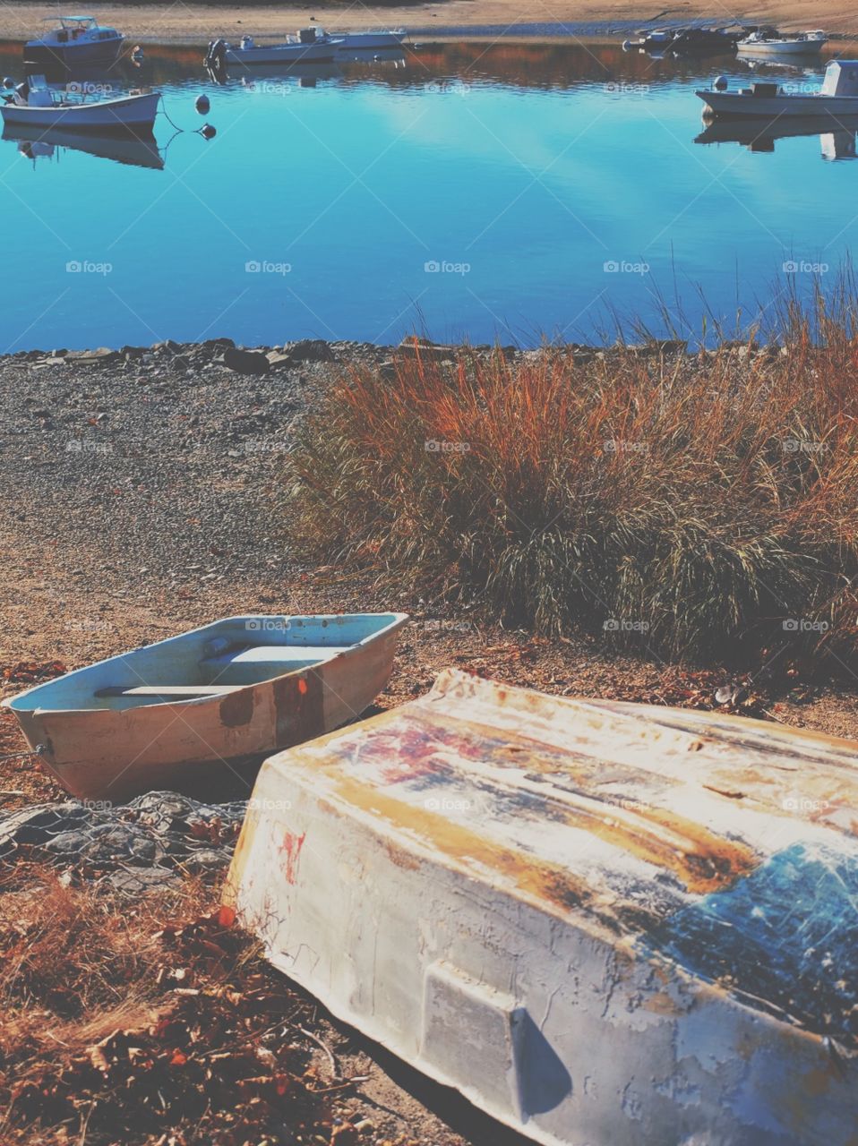 Boats Off Shore, Boats Discarded At The End Of Summer, Row Boats On The Shore, Boats On The Lake, Last Time Boating, End Of Summer Outing, Boats Piled Up, Old Row Boats