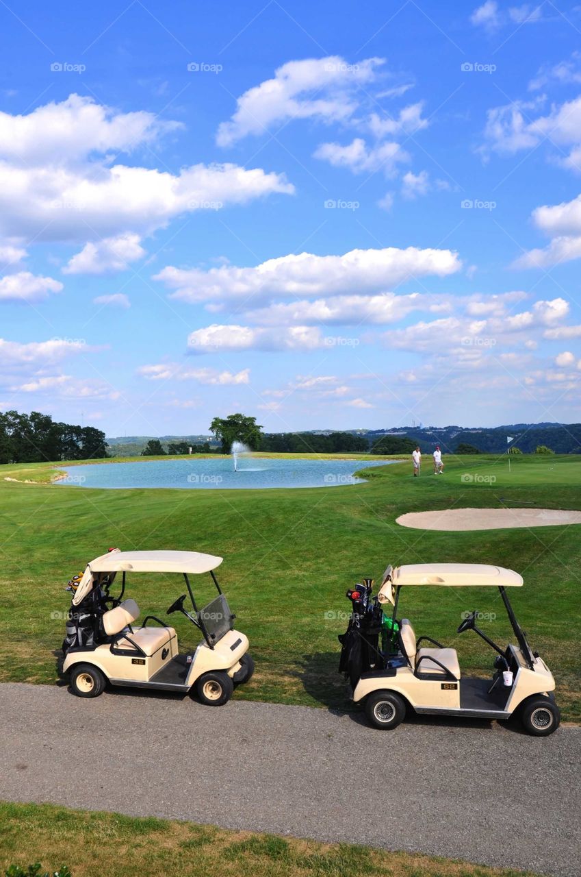 Golf carts on a path beside a golf free. 