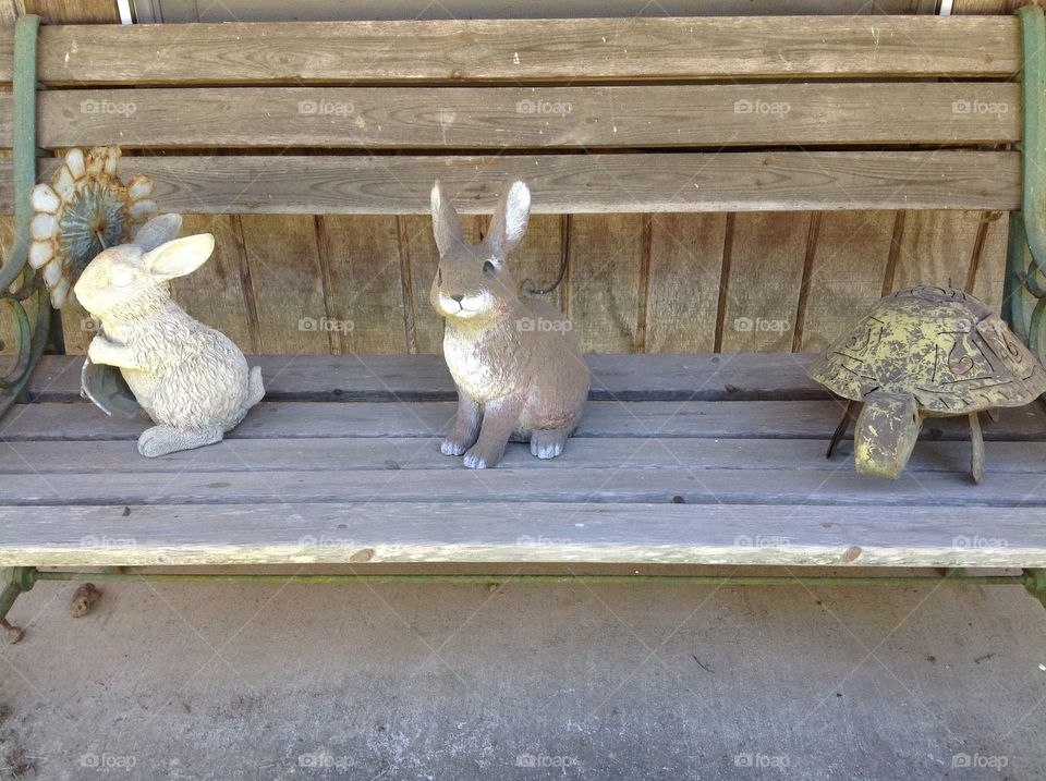 Old Wooden Bench with Bunny and Turtle Decor