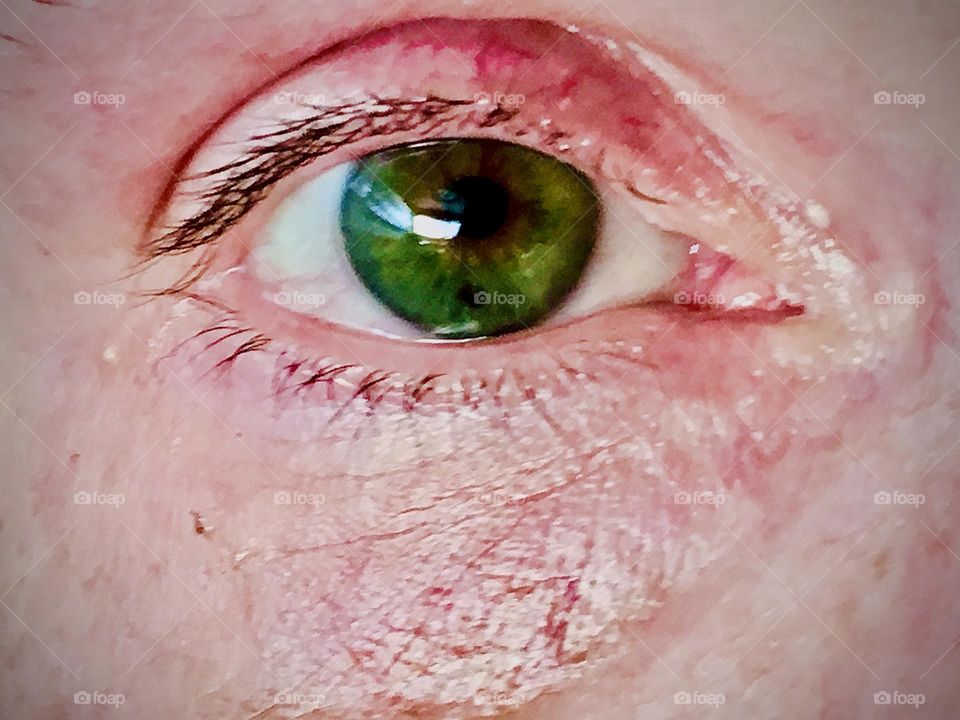 One of Petra’s intense color changing hazel but primarily green eyes photographed up close while aboard our  sailboat „Salvation“ at Newtown Creek in Long Island City, Queens, NY in 2018. Hypnotic Productions