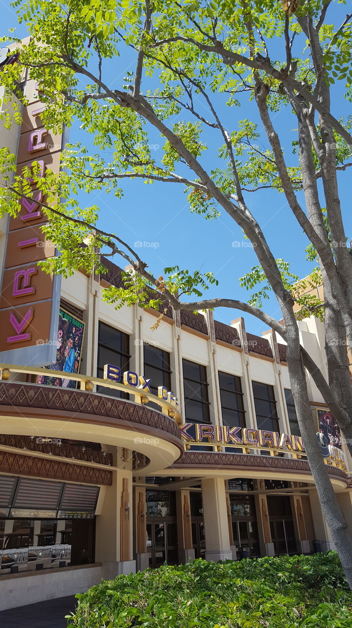 Krikorian Movie Theatre Downtown Buena Park California on a beautiful sunny day.