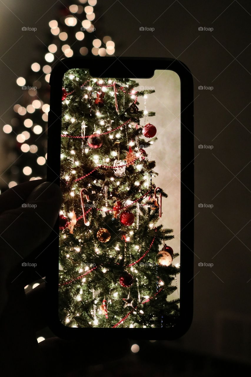 Christmas tree decorations and lights. 