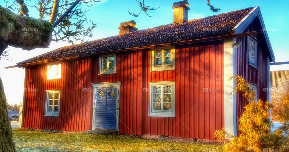 Traditional Swedish farmhouse in winter