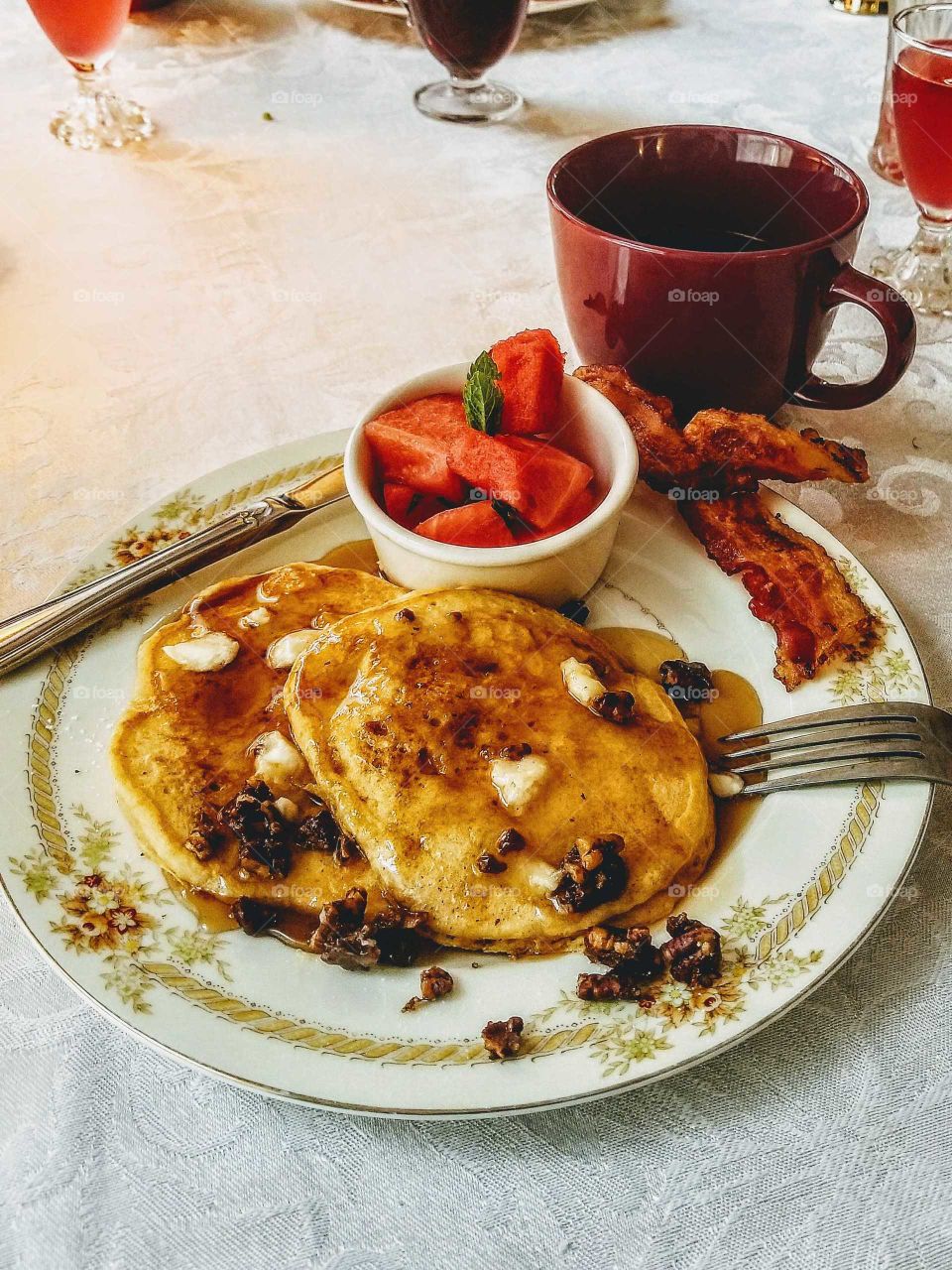 breakfast, pancakes with fruit bacon and coffee