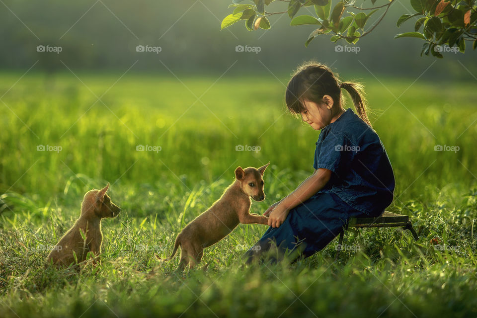 Asian girl playing with dog