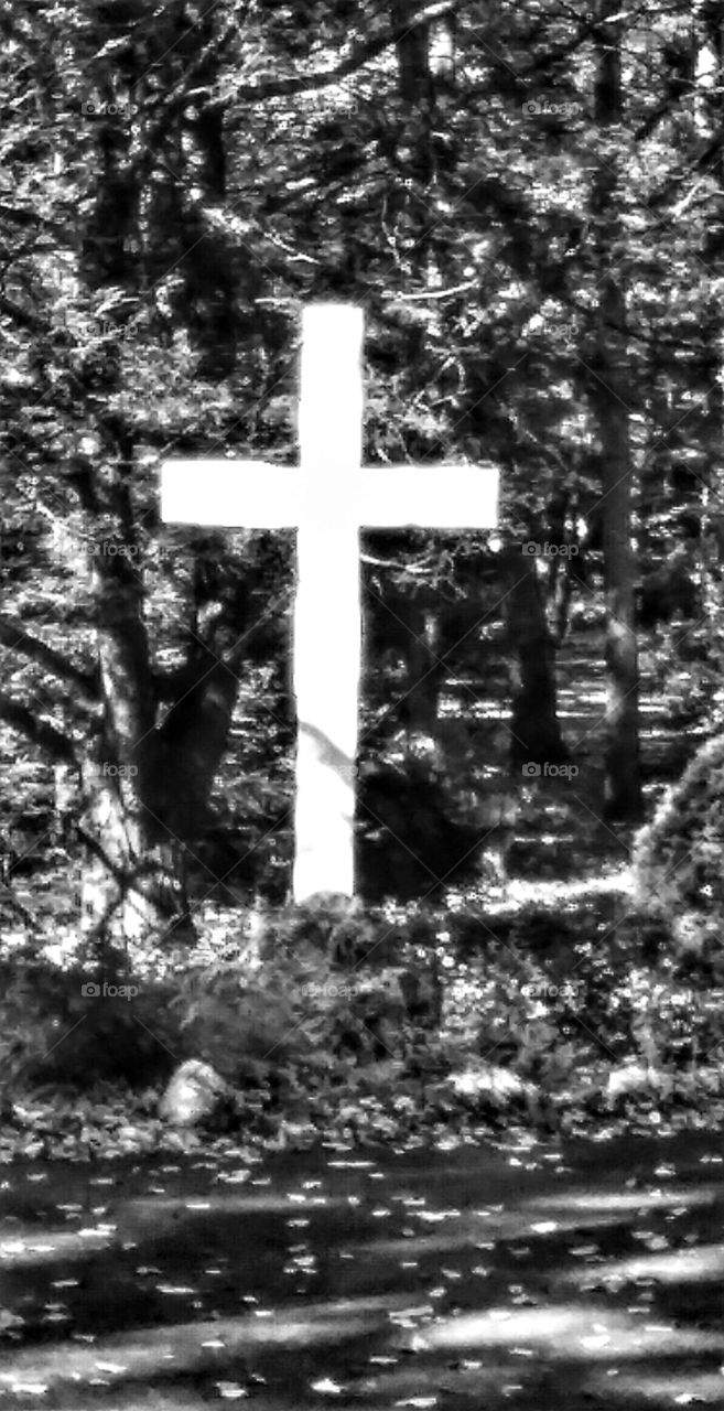 black n white cross. saww this cross in the woods today