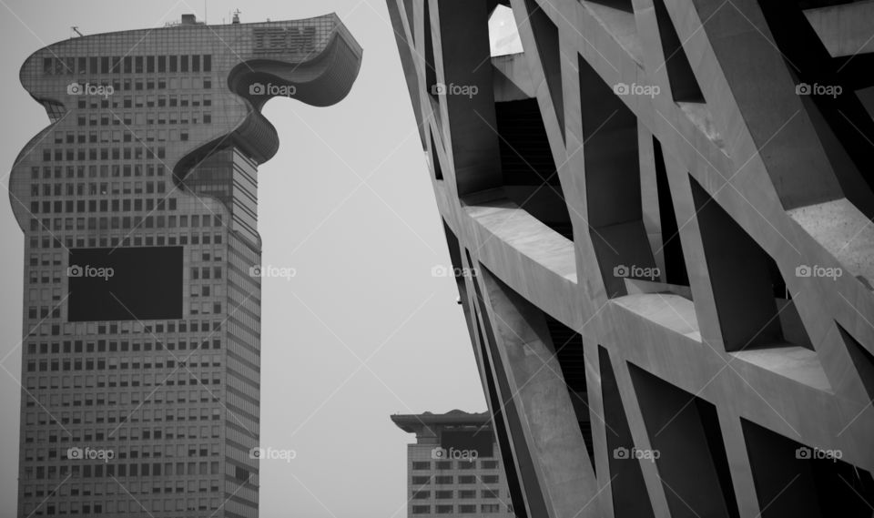 Asia China Beijing Olympic park bird nest and IBM building black and white