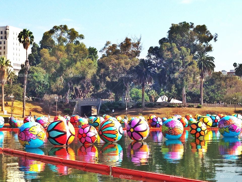 Colorful ball on the pond. Colorful ball on the pond at Los Angeles 