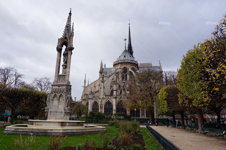 Fountain behind Notre-Dame Cathedral, Paris 