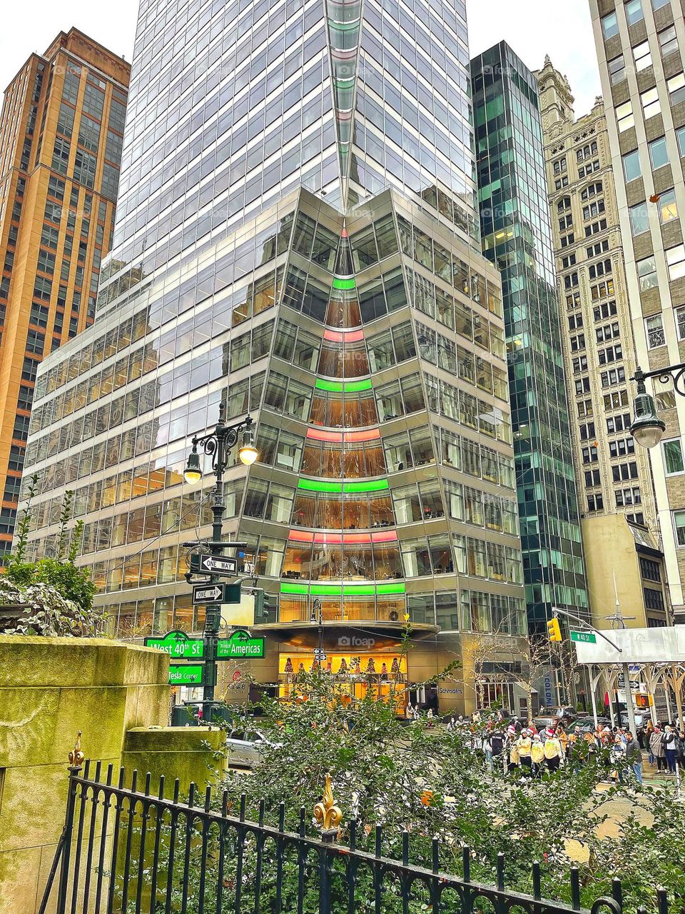 Christmas tree lights on a New York office building 