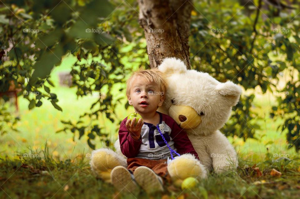 Little boy sitting under the apple tree in the apple garden with his favorite suffed toy.