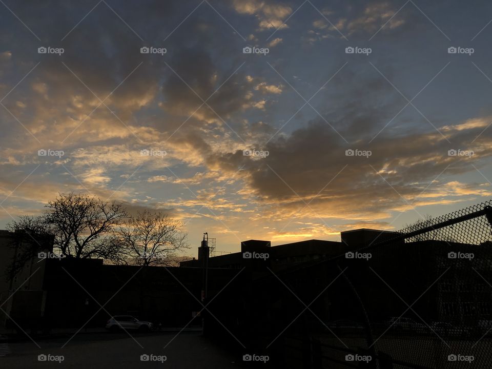 A beautifully contrasting photo of the blue sky and sunset against dark buildings and trees.  The clouds are glowing orange and grey.