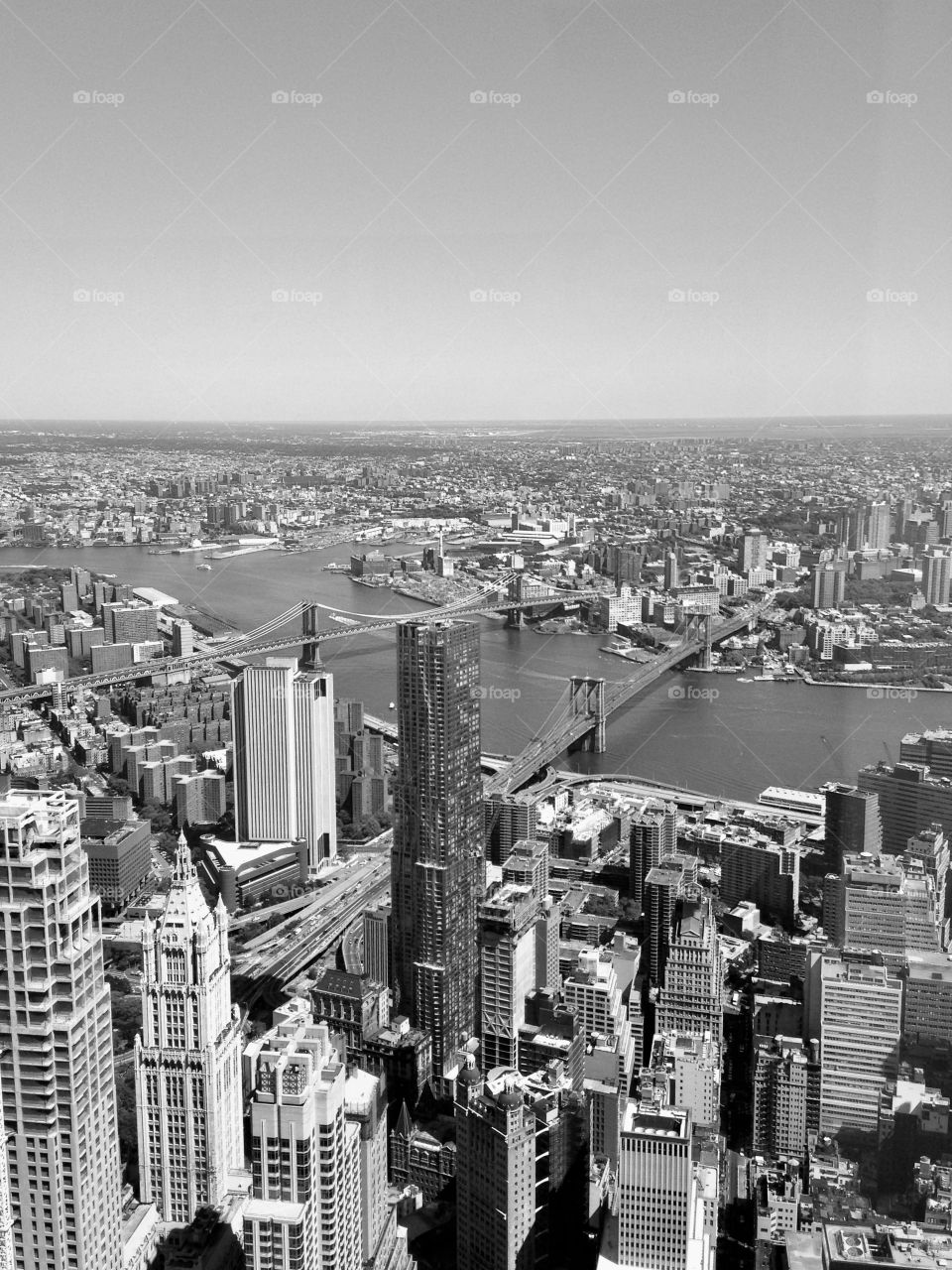 Eastbound view of Lower Manhattan, East River, and Brooklyn from One World Observatory, May 2015.  Includes Brooklyn Bridge, Manhattan Bridge