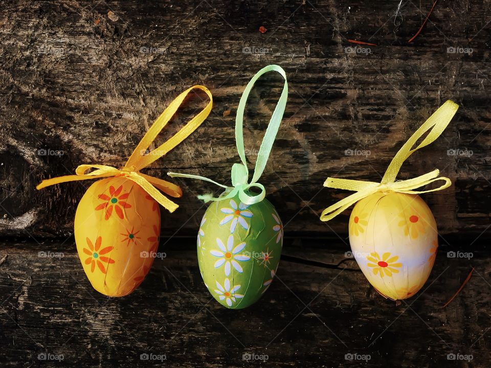 Easter eggs on wooden table