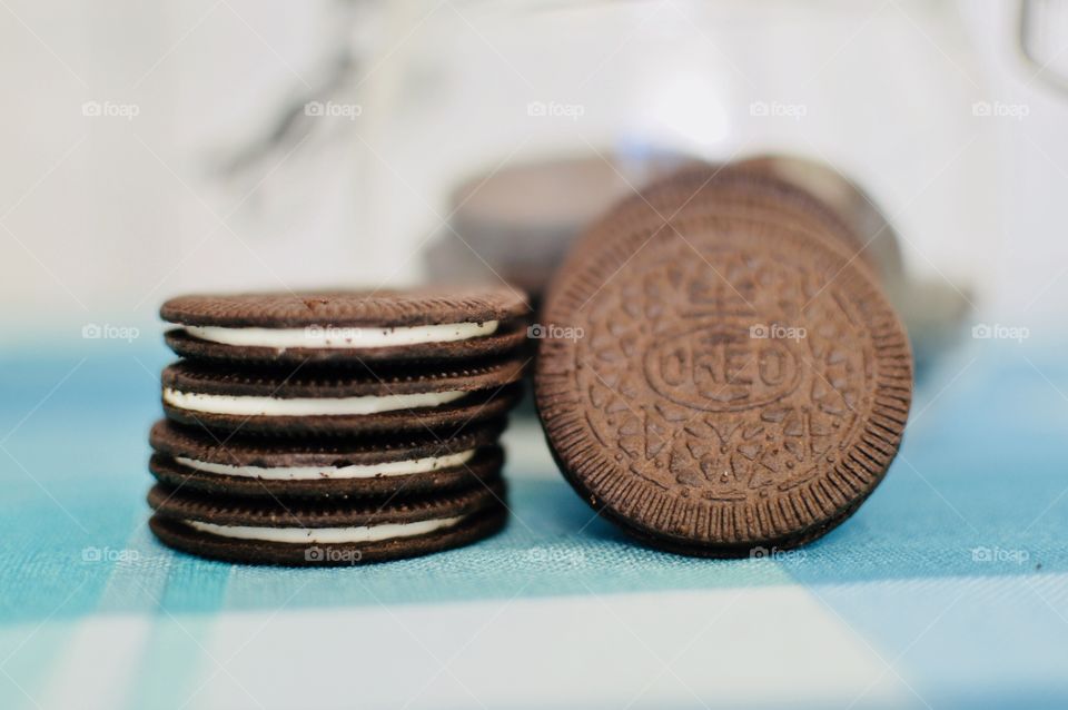 Oreo cookie thins on a white and blue background 