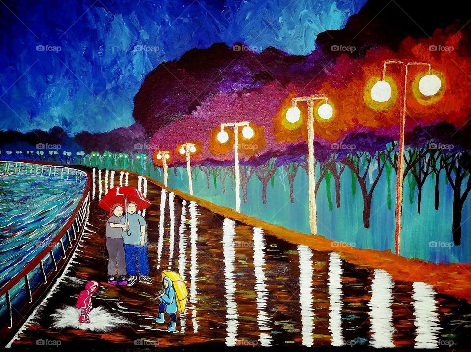 painting of a family on a rainy evening.