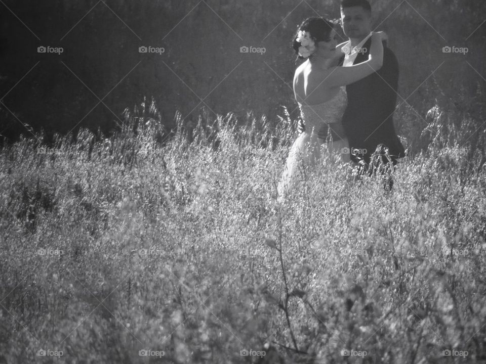 Newlyweds Bride In A Meadow At Sunset
