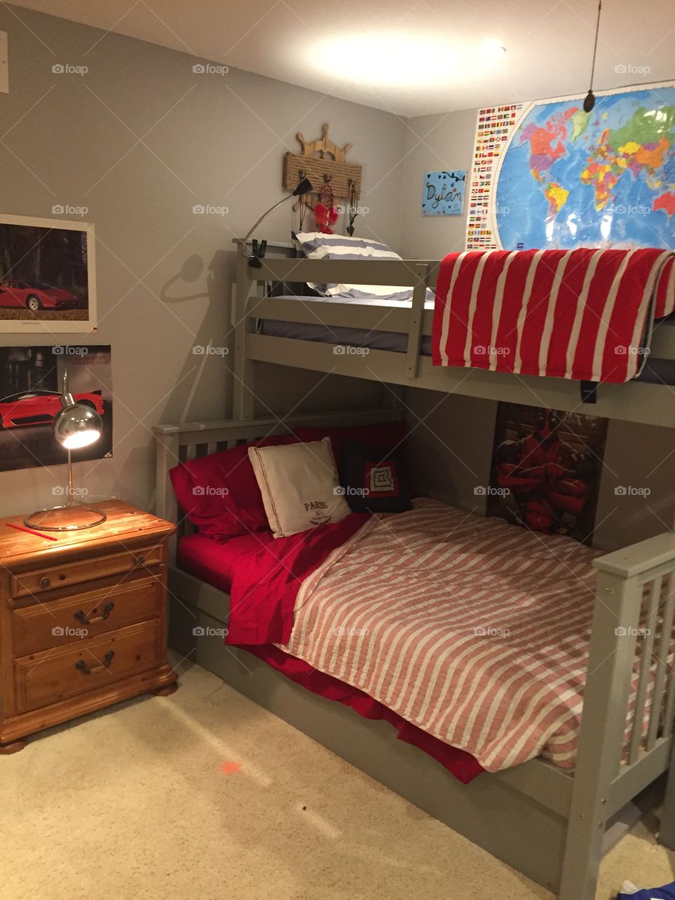 Boys room red gray bunk bed 
