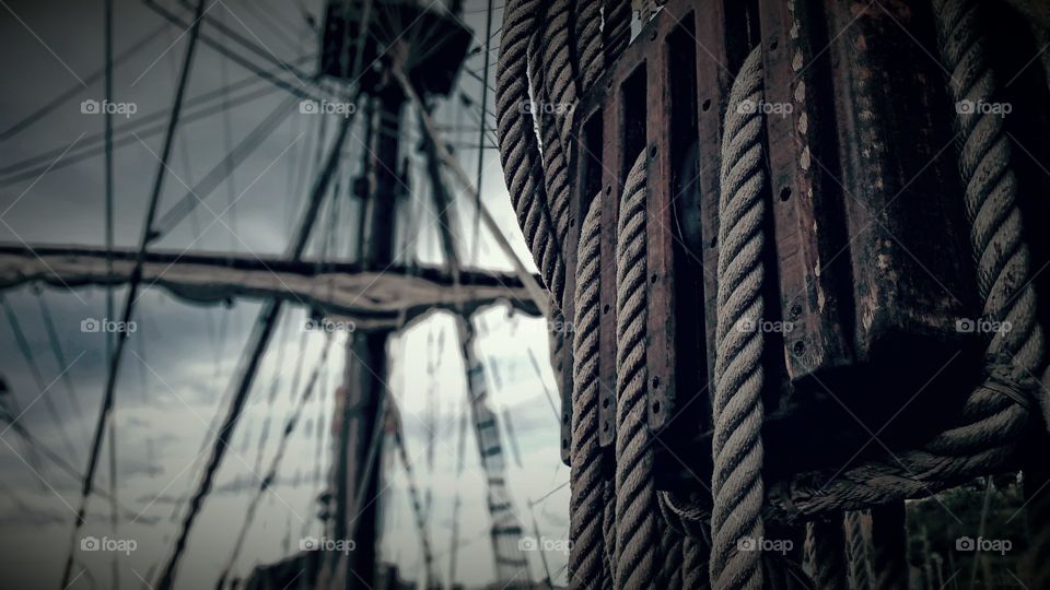 Ropes closeup of a spanish galleon, vintage effect