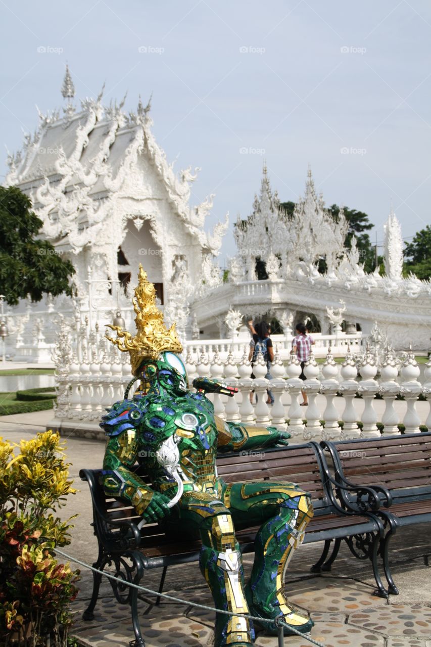 Statue in the white temple. This weird image was taken at the White temple in Chiang Rai, Thailand