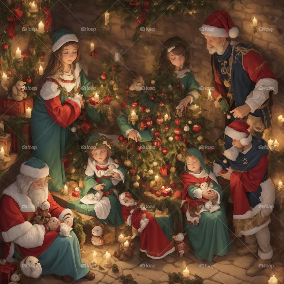 Festive Celebration with Christmas Tree, Gifts and Happy Group of People