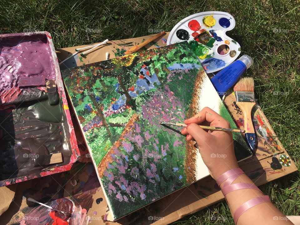 Impressionistic painting in my garden with acrylic paint