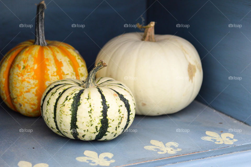 Assorted colored pumpkins on a rustic wooden blue shelf