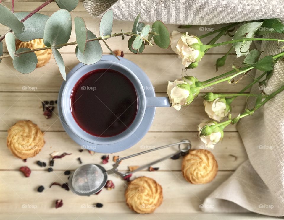 Elevated view of herbal tea on table