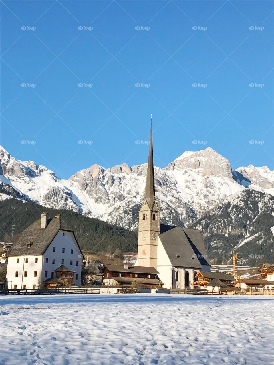 Houses and church in a village in Austria 
