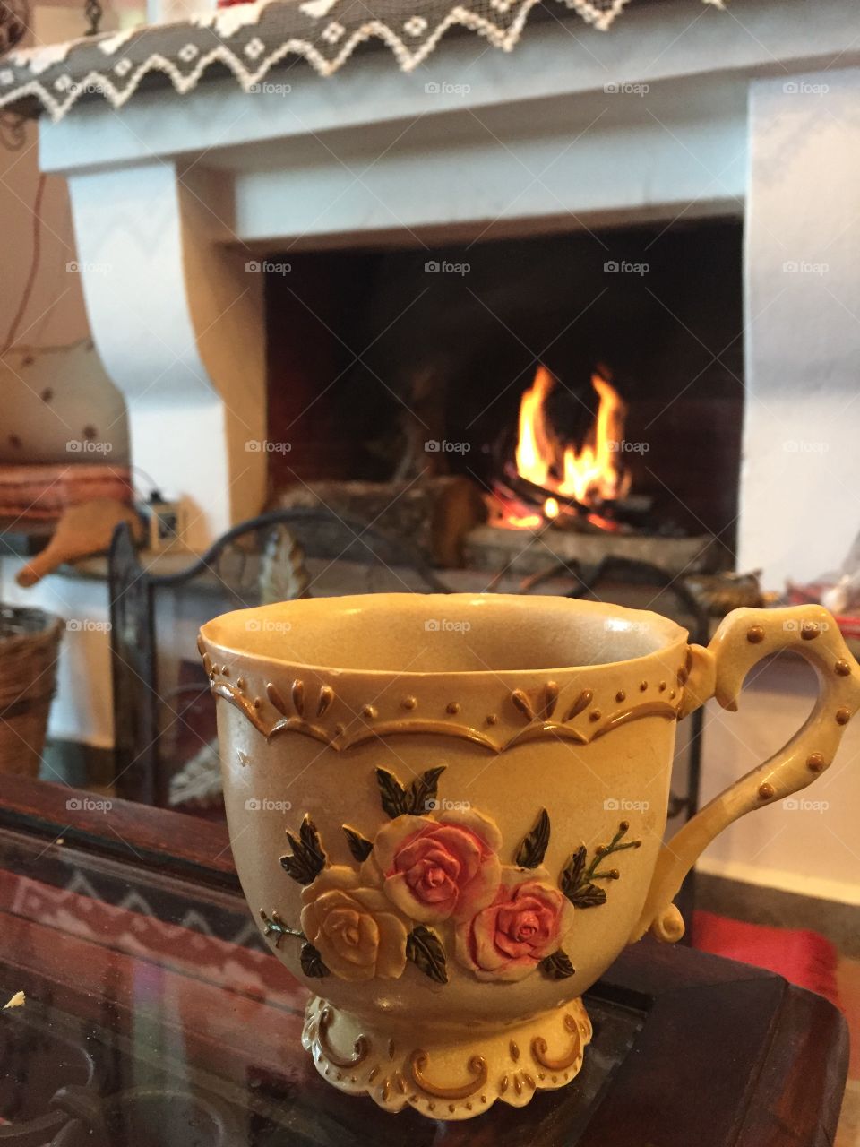 A beautiful cup of coffee, in front of fireplace !!