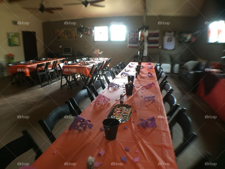 A game room is set up for a Halloween party 